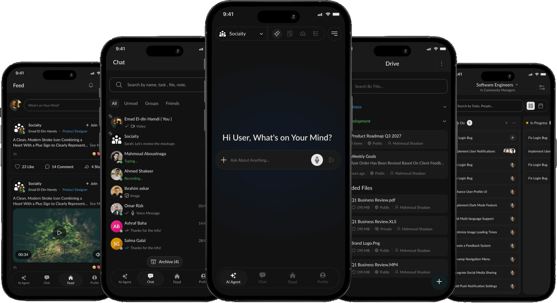 Sociaity on iPhone: Feed, Chat, AI Agent, Drive and Tasks screens